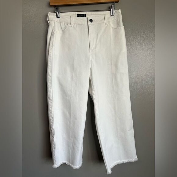 Susan Graver white denim wide leg ankle cropped frayed hem‎ jeans size 2 travel - Picture 3 of 10